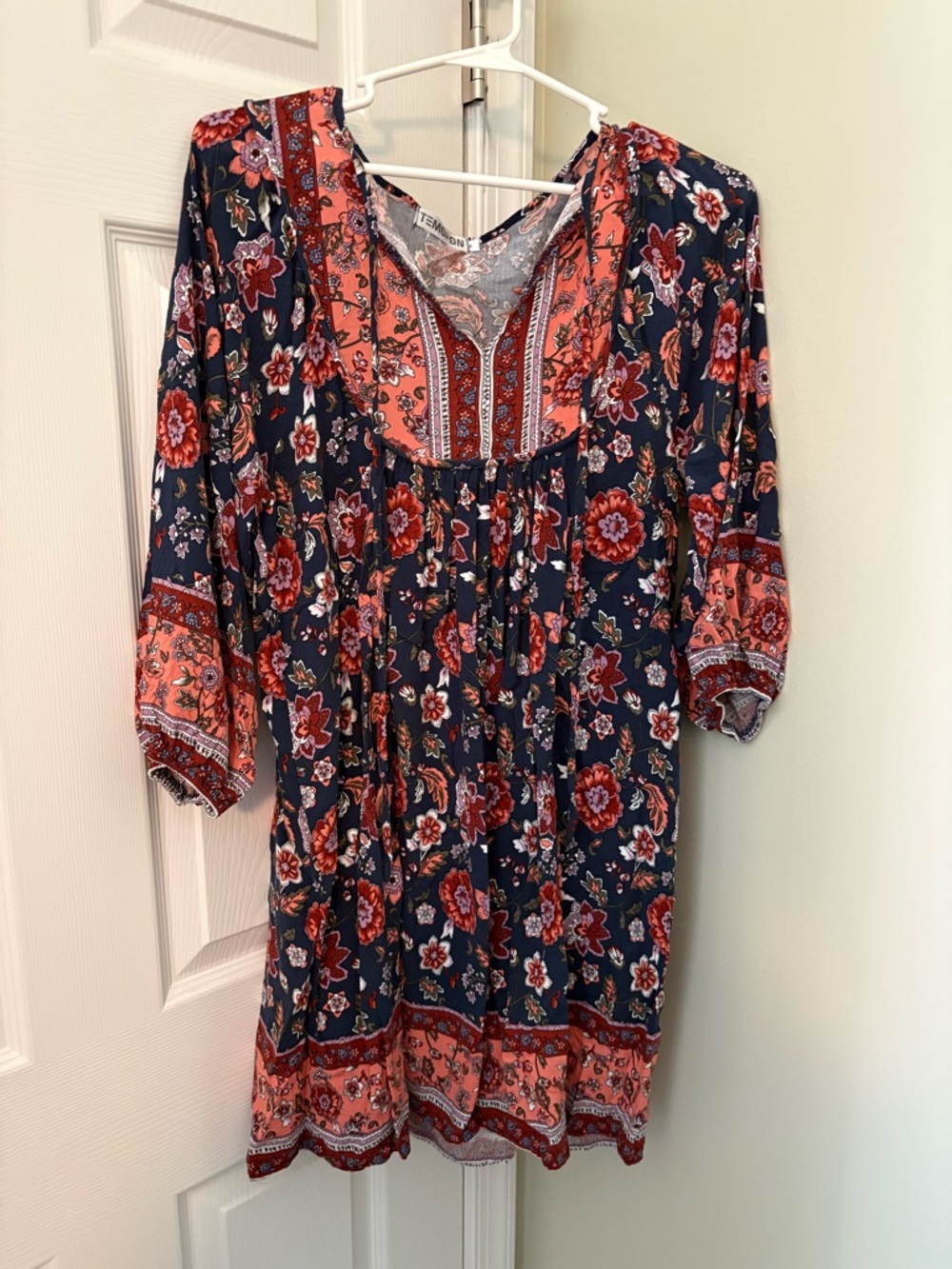 Floral Mix V-Neck Dress in Coral and Navy